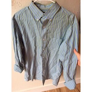 Cremieux Classics Mens Large Blue Green Striped Button Down Shirt Long Sleeve
